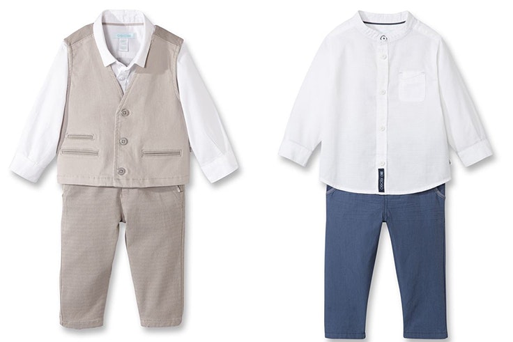Conjunto tres piezas bebe niño 39,99€ de Okaïdi / Camisa blanca y pantalón bebe niño 20,99€ de Okaïdi.