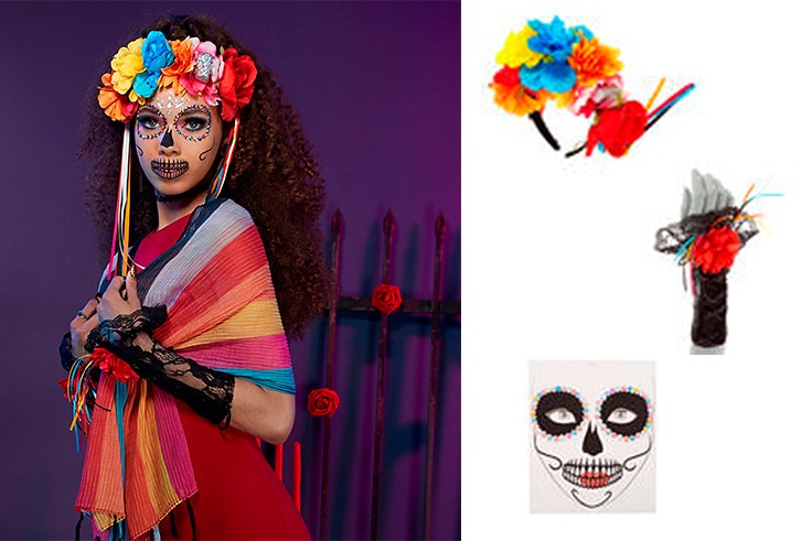 Disfraz Catrina con complementos de Claire´s. diadema de flores (6,49€), guantes (3,49€) y pegatinas para la cara (2,99€).